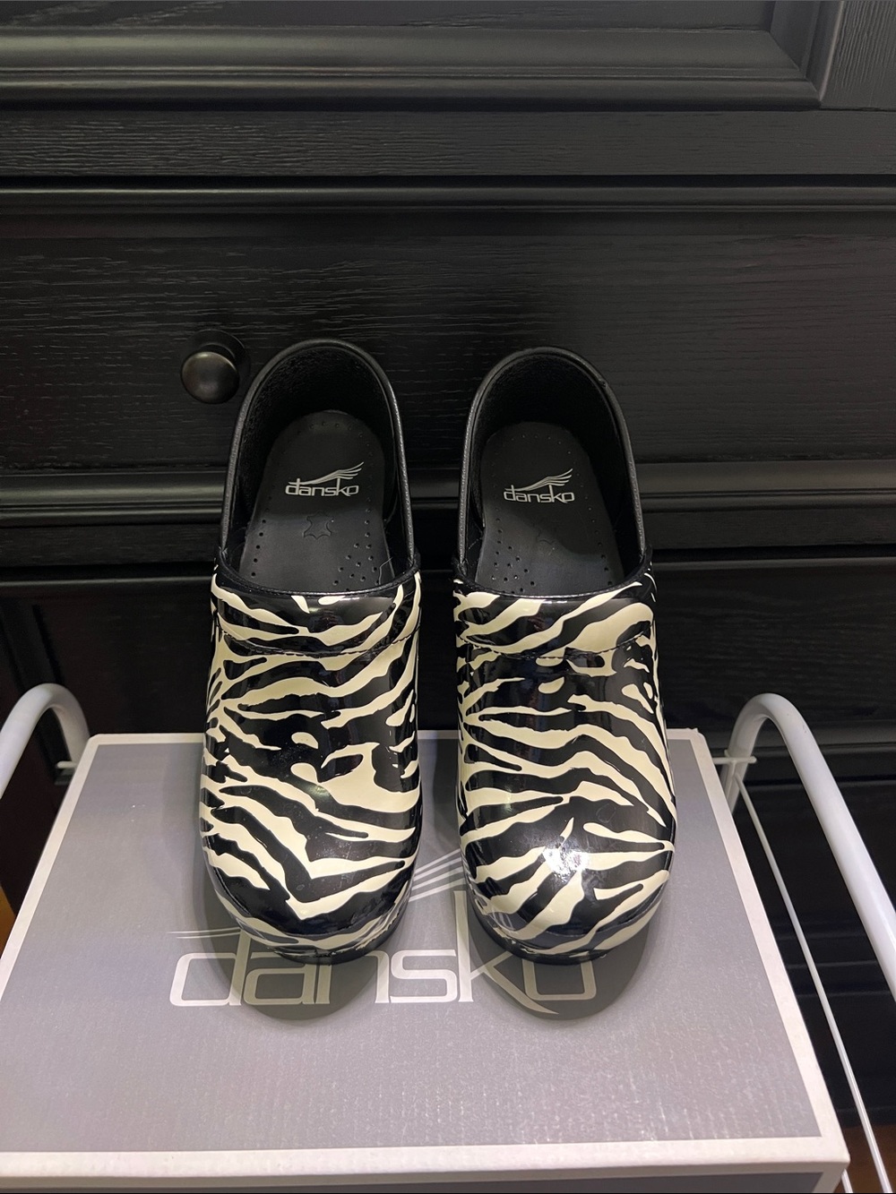 Dansko Kids Zebra-Print Patent Clogs in Black and White